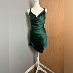 Here Comes The Sun Forrest Green Satin Mini Dress, Size Small (v)